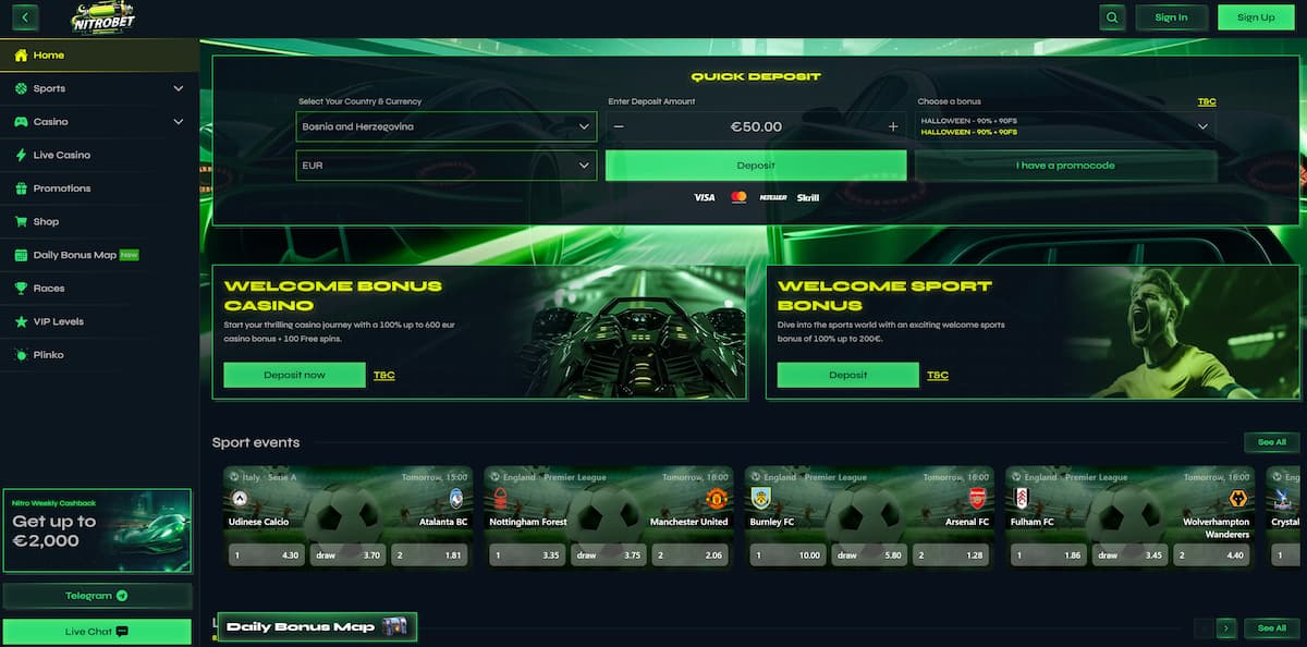 Nitrobet ist ein lizenzierter Allrounder mit großer Spielauswahl, soliden Krypto- und Fiat-Zahlungsoptionen sowie einem fairen Willkommensbonus. Hohe Auszahlungslimits und ein stabiles Live-Casino machen es zu einer attraktiven Wahl für Schweizer Spieler mit mittlerem bis hohem Einsatzniveau.